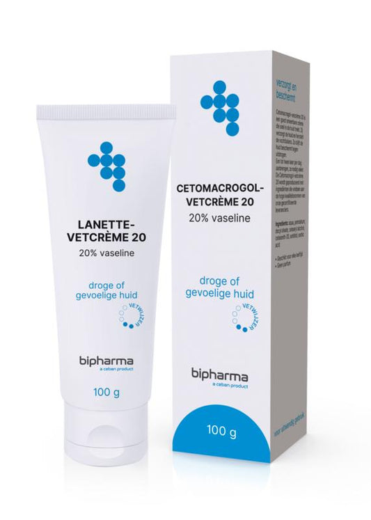 Bipharma Lanette Vetcreme 20% body care cream in 100g tube, suitable for skin soothing and moisturizing.
