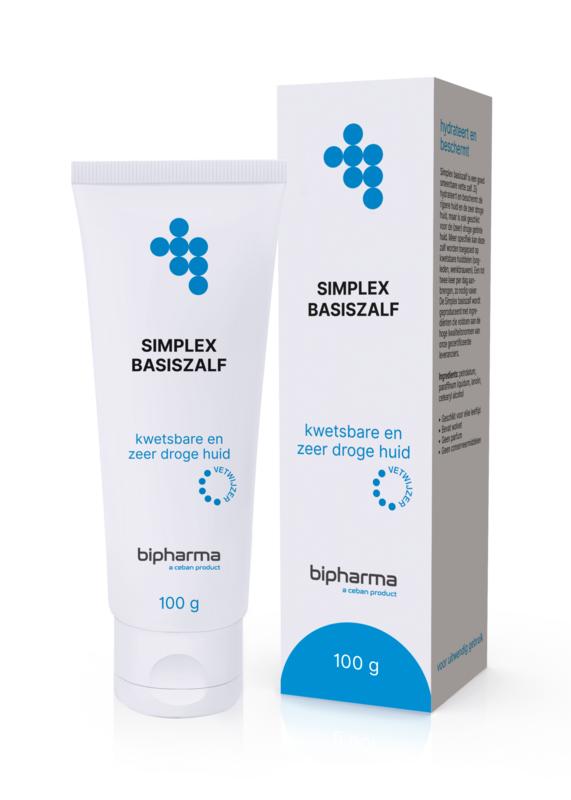 Bipharma Simplex basis zalf in a 100g jar, a body care product with a white cream texture for skin nourishment.