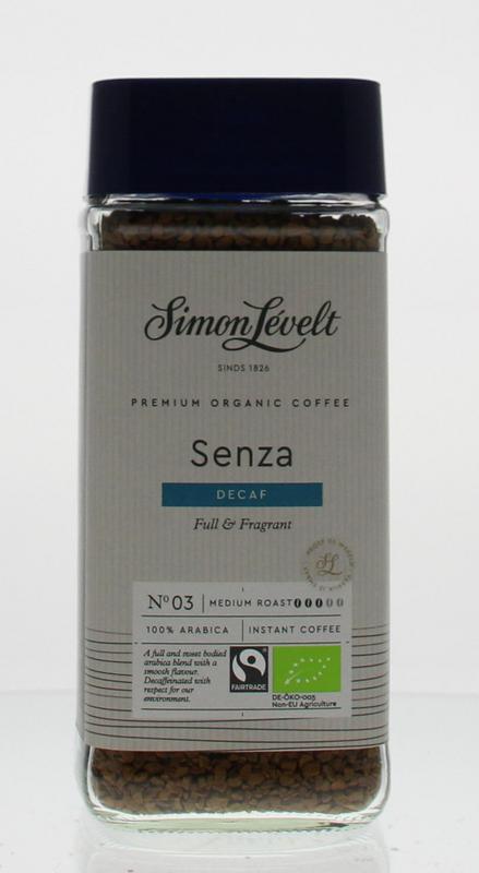 Simon Levelt organic decaf instant coffee in 100g package, showcasing the coffee granules and branding on the label.