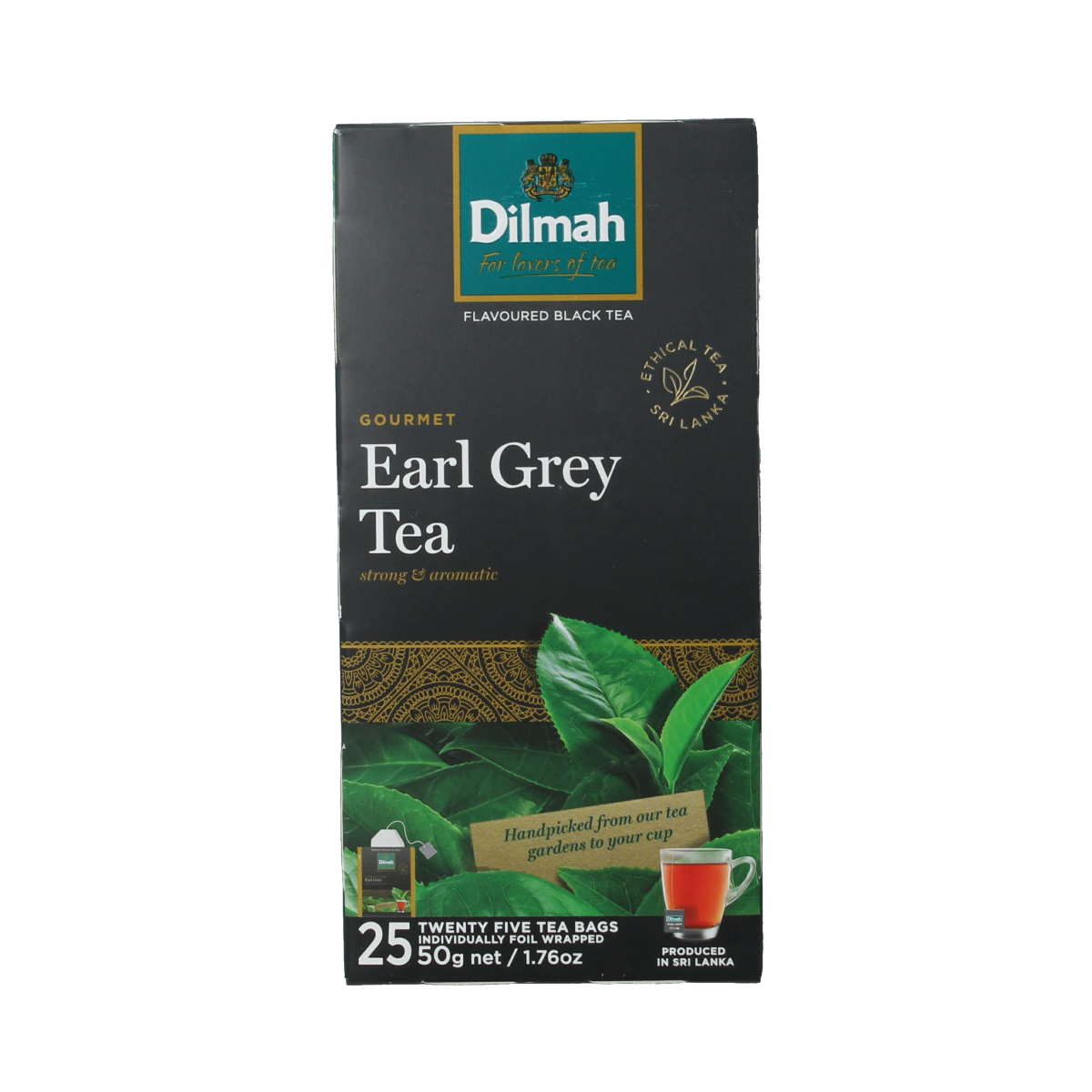 Box of Dilmah Earl Grey Classic tea bags with 25 count, featuring tea packaging and branding visible.
