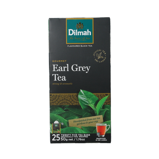 Box of Dilmah Earl Grey Classic tea bags with 25 count, featuring tea packaging and branding visible.