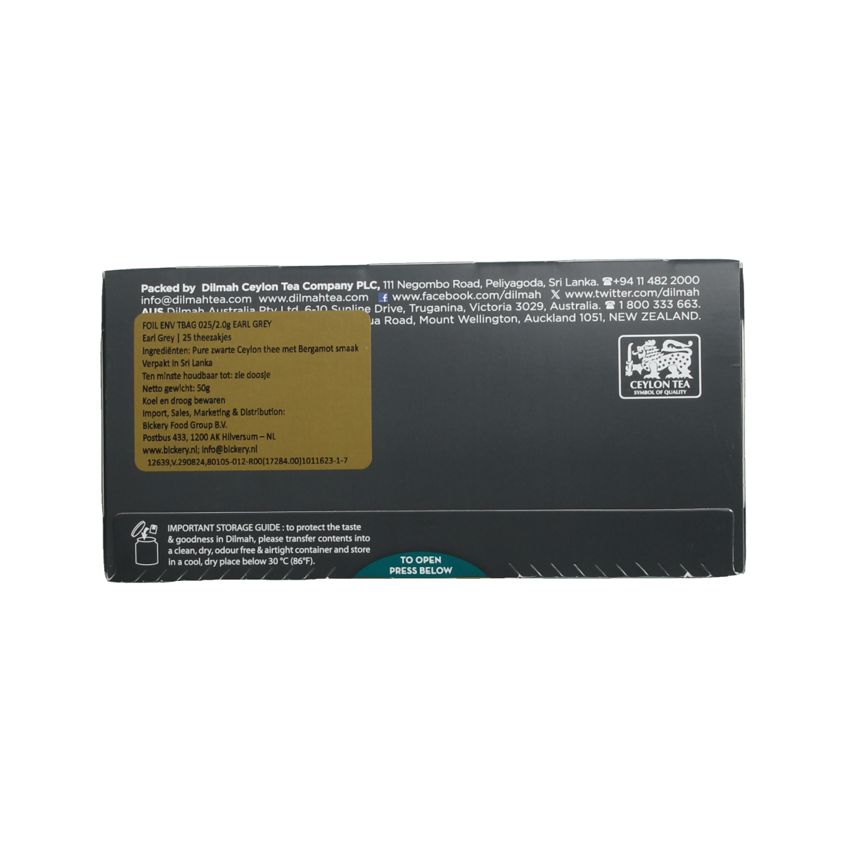 Dilmah Earl Grey Classic tea bags in a box, showcasing the packaging of this premium tea product.