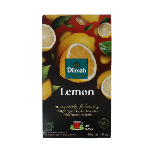 Dilmah Lemon Fun Tea pack with 20 tea bags, featuring bright lemon flavor in a colorful box, ideal for refreshing tea moments.
