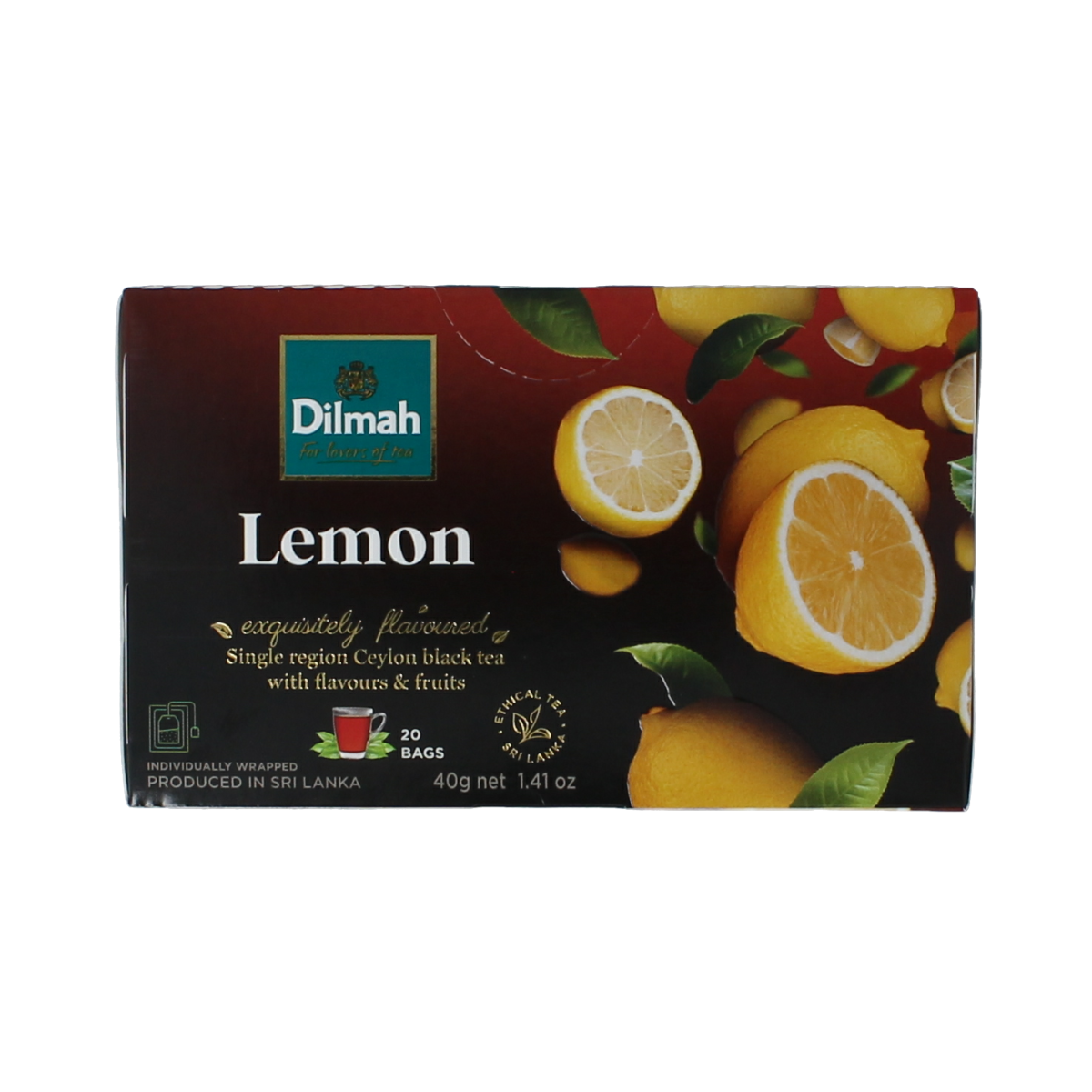 Dilmah Lemon Fun Tea tea bags, bright yellow packaging, showcasing lemon-flavored herbal tea in a box with 20 tea bags.