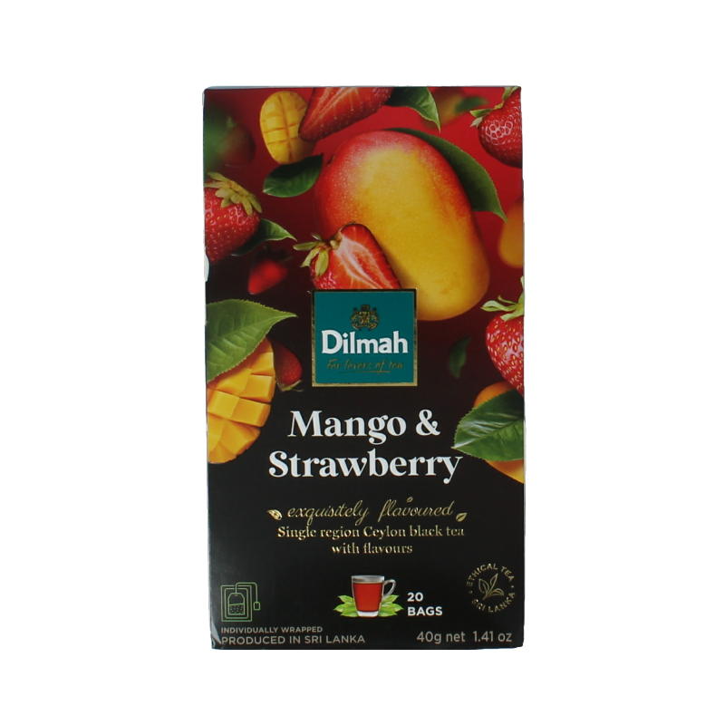 Dilmah Mango & Strawberry Fun Tea tea bags, colorful packaging showing mango and strawberry fruit images, for a fruity tea experience.