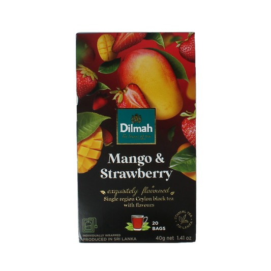 Dilmah Mango & Strawberry Fun Tea tea bags, colorful packaging showing mango and strawberry fruit images, for a fruity tea experience.
