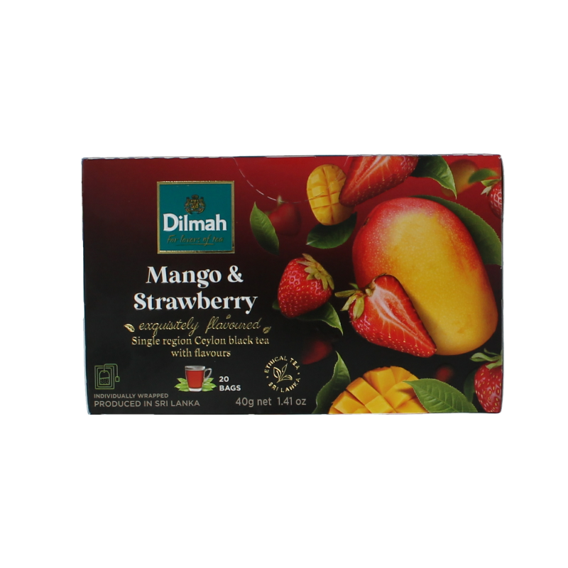 Dilmah Mango & Strawberry Fun Tea box with 20 tea bags, featuring vibrant packaging and fresh fruit flavors.