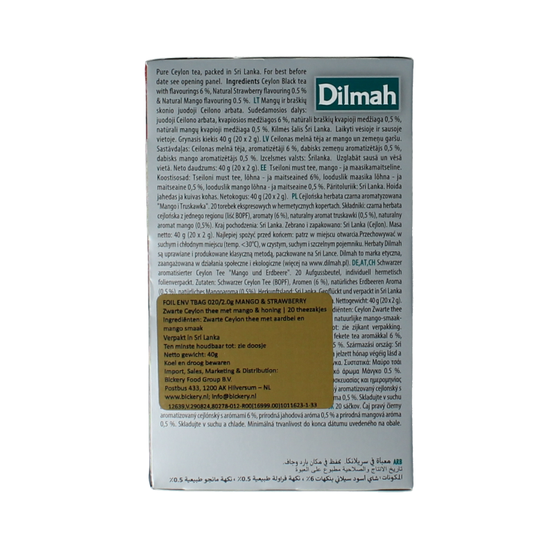 Dilmah Mango & Strawberry Fun Tea sachets, vibrant packaging with colorful fruit illustrations, for a fruity tea experience.