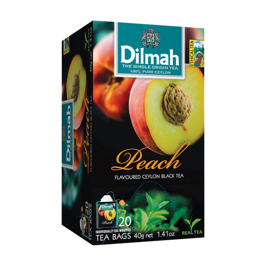 Dilmah Peach Fun Tea box with 20 tea bags, featuring peach-flavored tea in a colorful packaging.