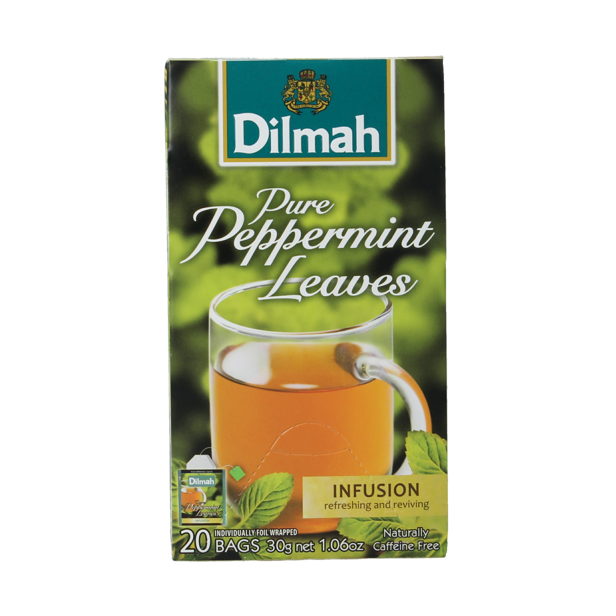 Dilmah Peppermint herbal tea infusion in a box with 20 tea bags, natural peppermint flavor, ideal for soothing hot beverages.