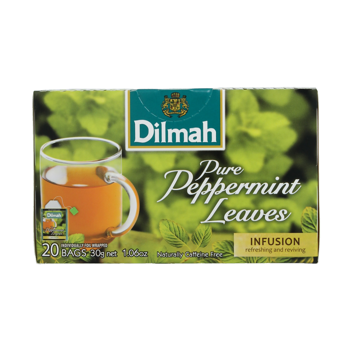 Dilmah Peppermint herbal infusion tea bags, 20-count box, showcasing fresh peppermint leaves and tea packaging.