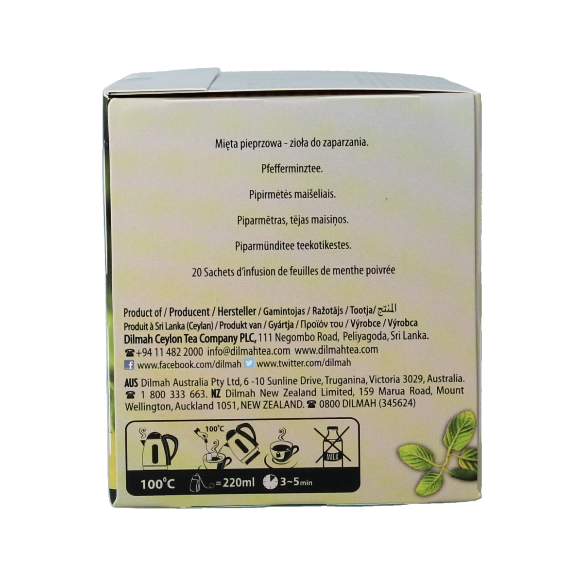 Dilmah Peppermint herbal infusion tea bags, 20-count box, showcasing fresh peppermint leaves and tea packaging.