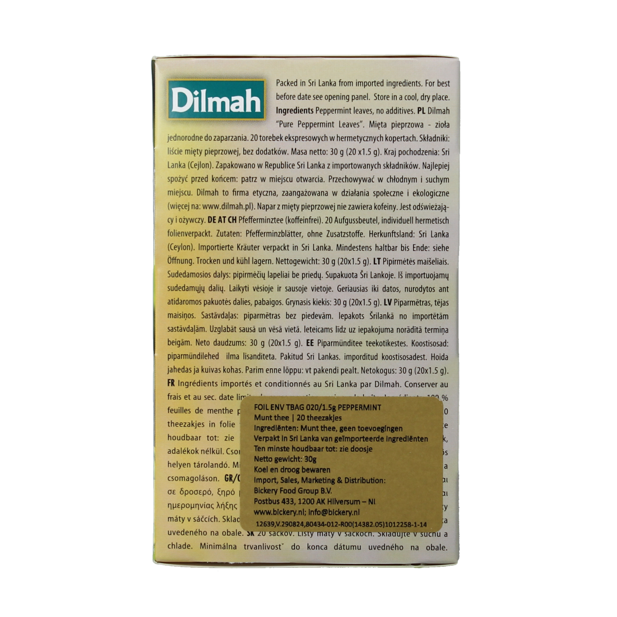 Dilmah peppermint herbal tea infusion in a box with 20 tea bags, showcasing fresh peppermint leaves on the packaging.