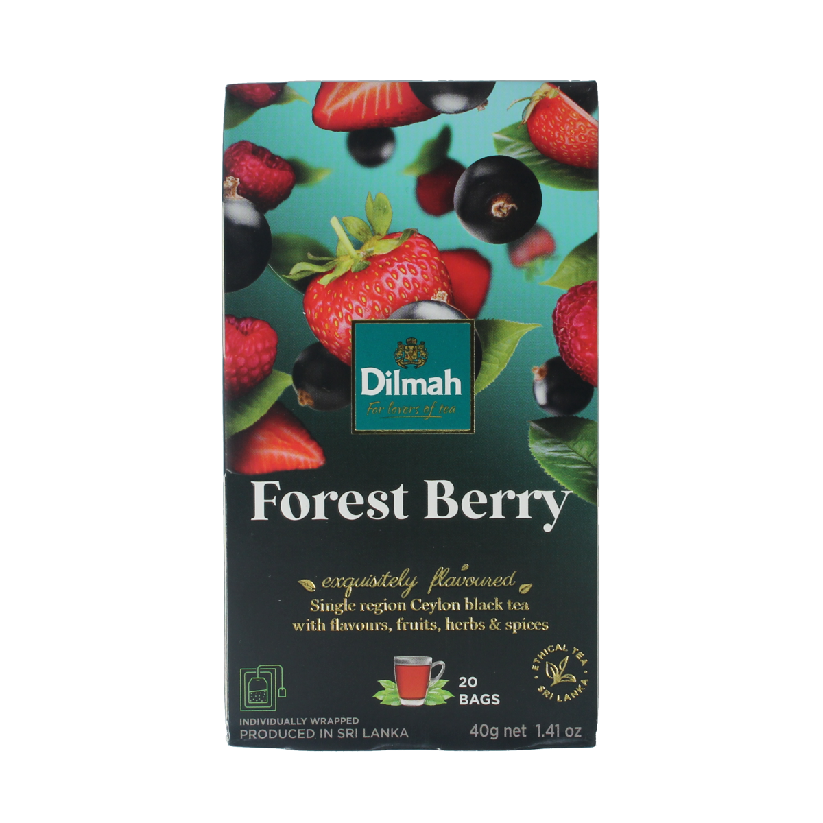 Dilmah Forest Berry Fun Tea box with 20 tea bags, featuring berry-flavored herbal tea in colorful packaging.