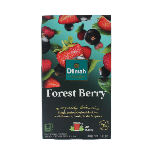 Dilmah Forest Berry Fun Tea box with 20 tea bags, featuring berry-flavored herbal tea in colorful packaging.