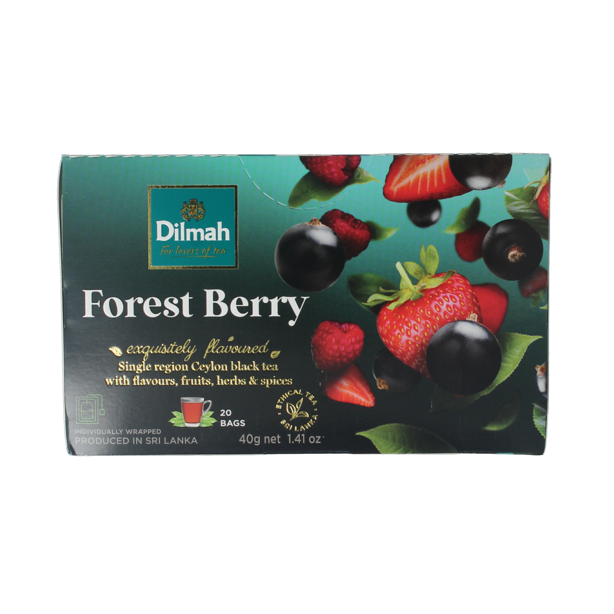 Dilmah Forest Berry Fun Tea box with 20 tea bags, featuring colorful packaging and fresh berry flavor.