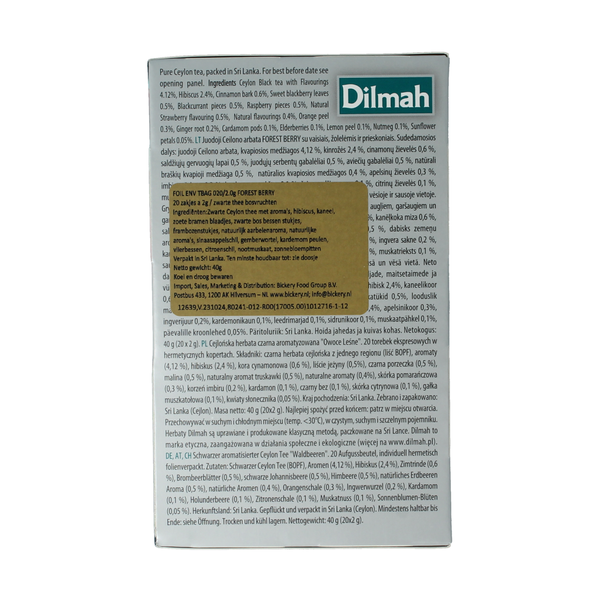 Dilmah Forest Berry Fun Tea box with 20 tea bags, featuring colorful packaging and fresh berry flavor.