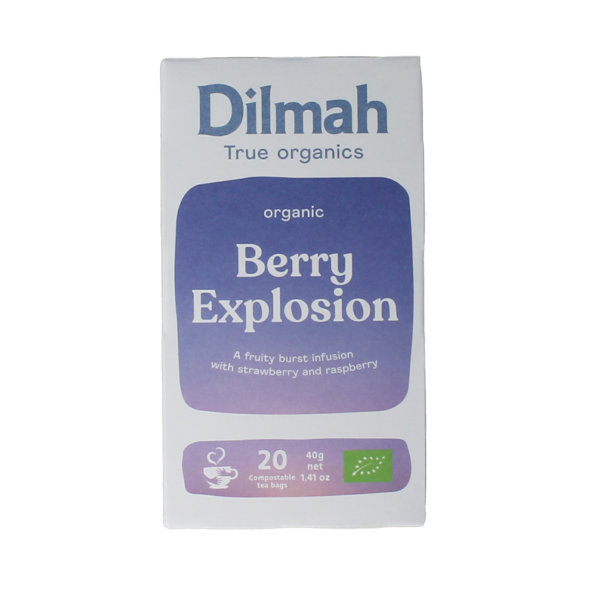 Organic Dilmah Berry Explosion tea in a box with 20 tea bags, featuring a vibrant berry flavor and natural ingredients.