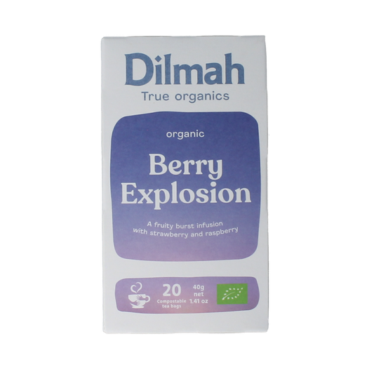 Organic Dilmah Berry Explosion tea in a box with 20 tea bags, featuring a vibrant berry flavor and natural ingredients.