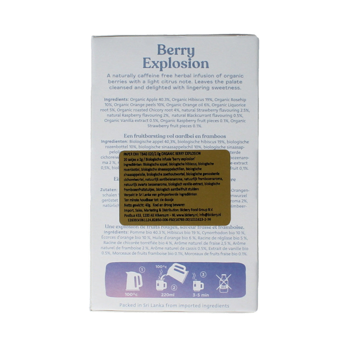 Dilmah Berry Explosion bio tea bags, 20 count, showcasing colorful tea packaging and fresh berry flavor design.