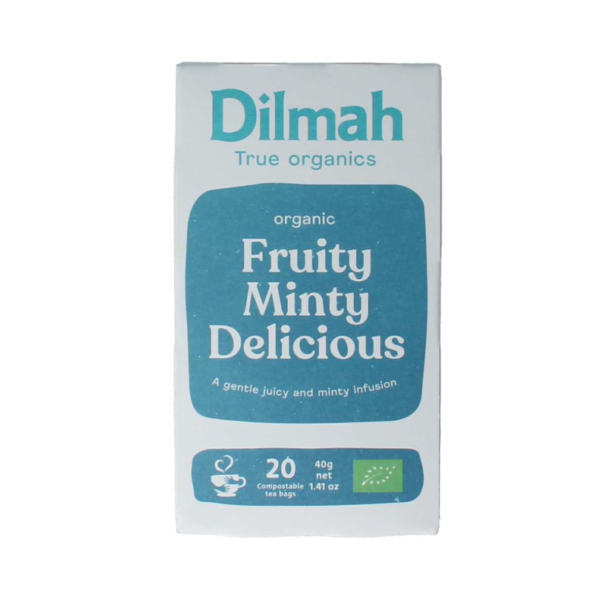 Dilmah fruity minty bio tea packets, fresh and flavorful, arranged in a display, showcasing the tea's vibrant packaging.