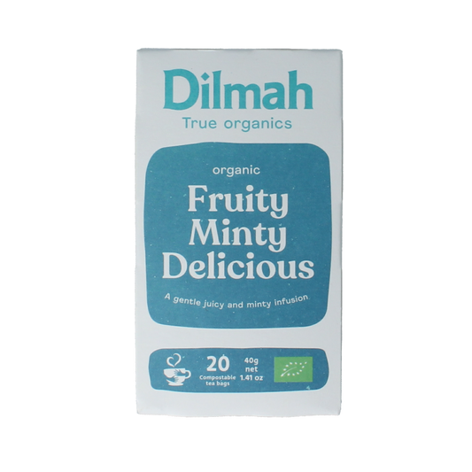 Dilmah fruity minty bio tea packets, fresh and flavorful, arranged in a display, showcasing the tea's vibrant packaging.