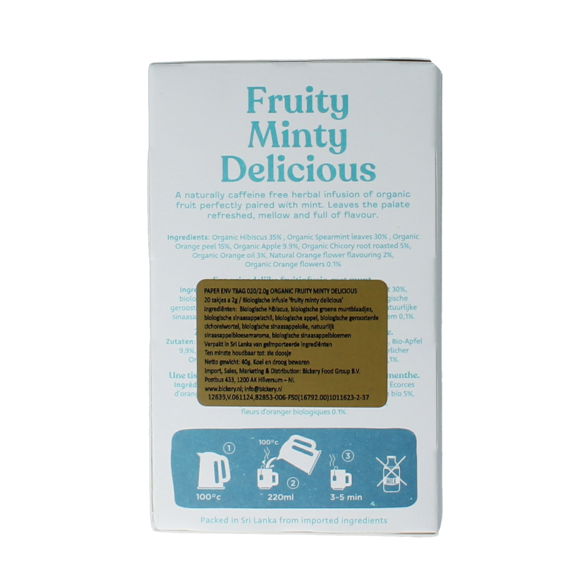 Dilmah Fruity Minty Bio tea bags, 20 count, showcasing vibrant tea packaging with fresh mint and fruity flavor elements.