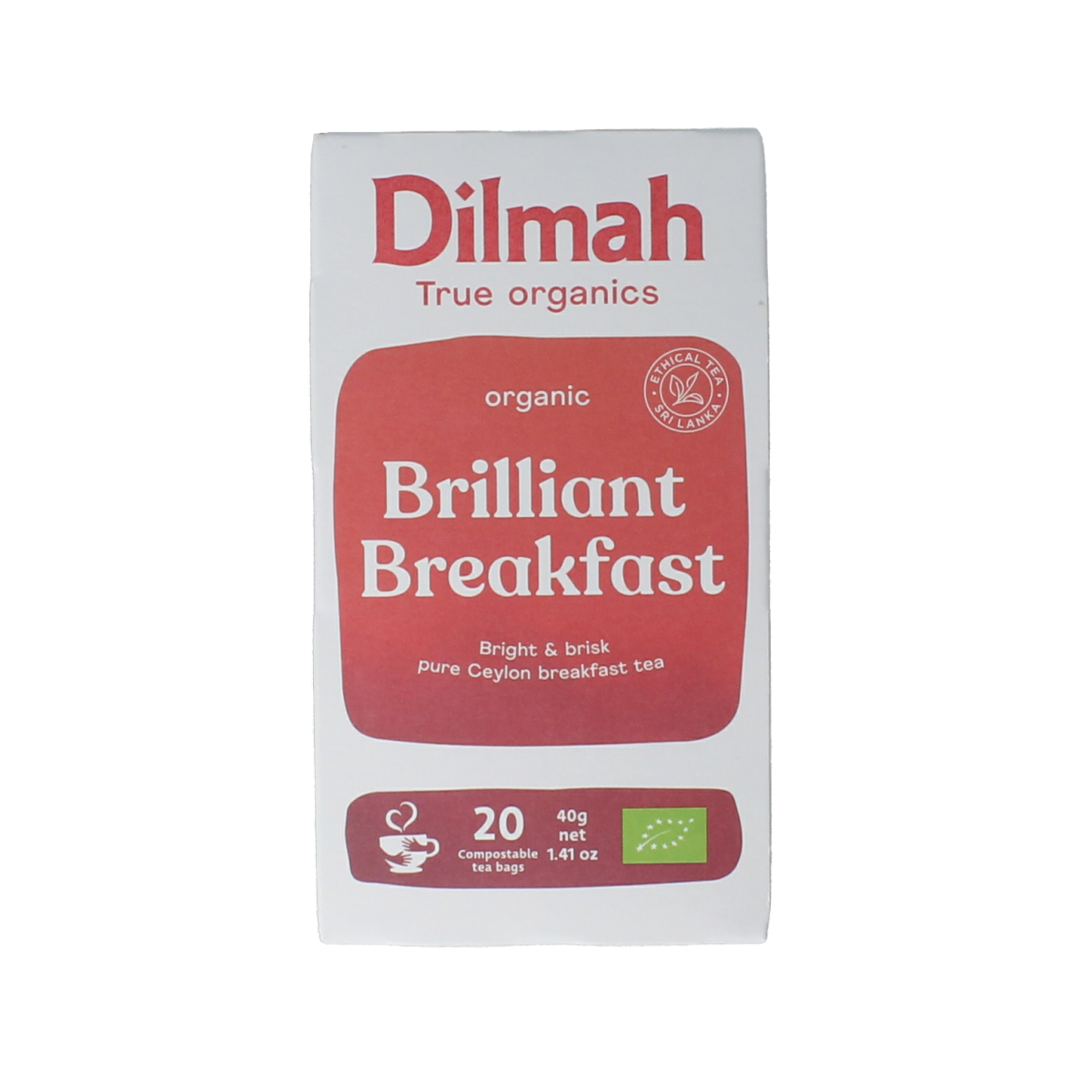 Box of Dilmah Brilliant Breakfast Tea Bio with 20 tea bags, natural herbal tea in biodegradable packaging.