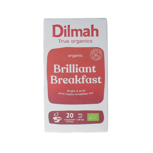 Box of Dilmah Brilliant Breakfast Tea Bio with 20 tea bags, natural herbal tea in biodegradable packaging.