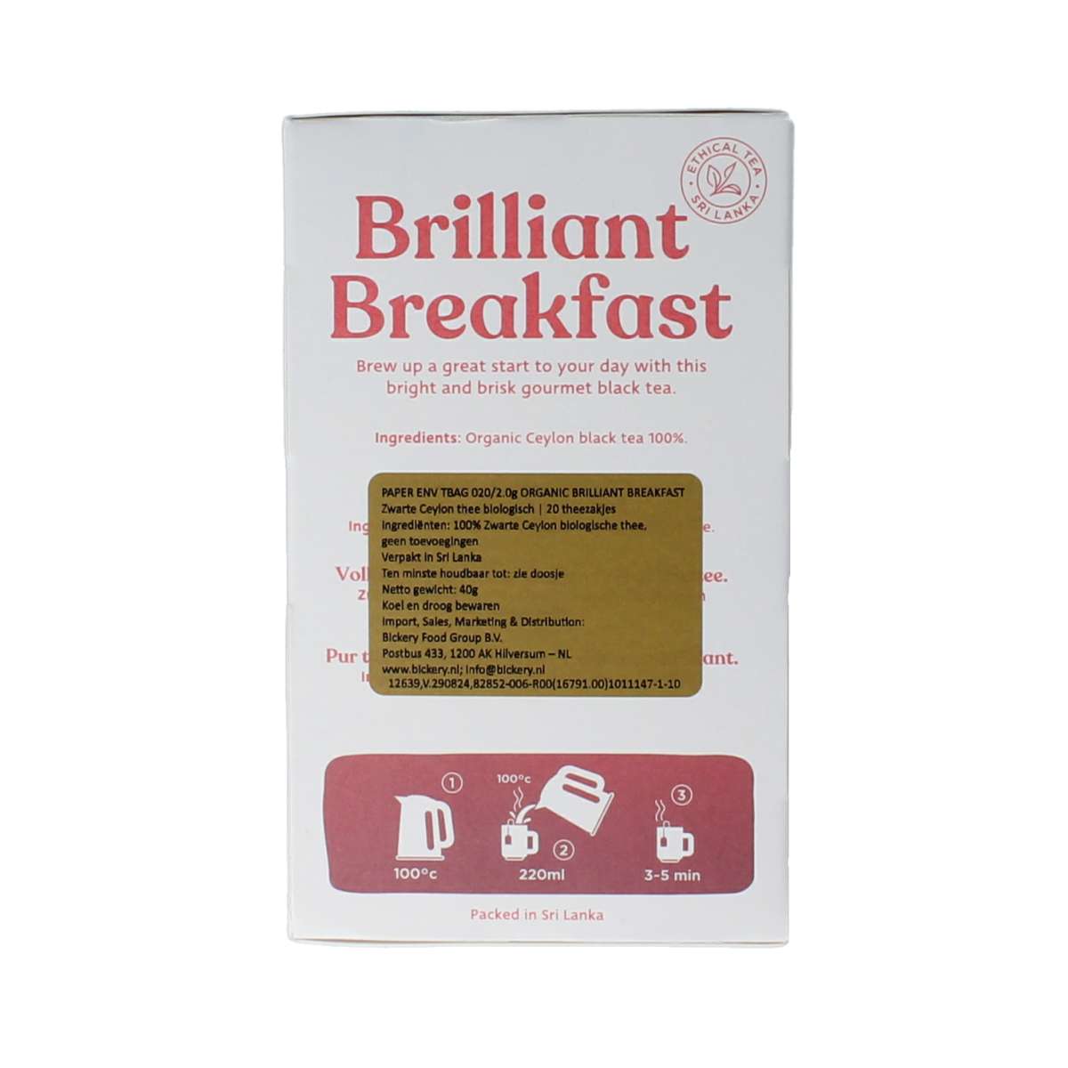 Dilmah Brilliant Breakfast Tea bio in 20 tea bags, natural and organic, shown in a package with tea bags inside.