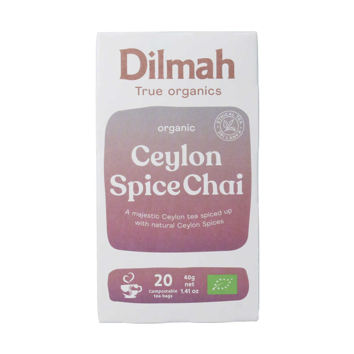 Dilmah Ceylon spice chai tea bio box with 20 tea bags, featuring colorful packaging and the Dilmah brand logo.