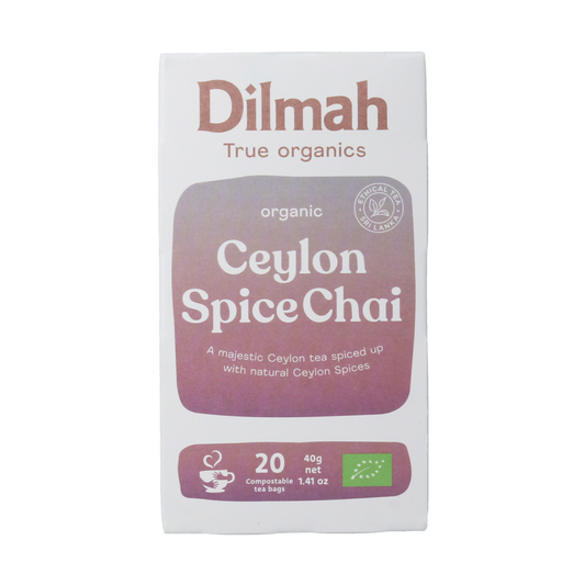 Dilmah Ceylon spice chai tea bio box with 20 tea bags, featuring colorful packaging and the Dilmah brand logo.
