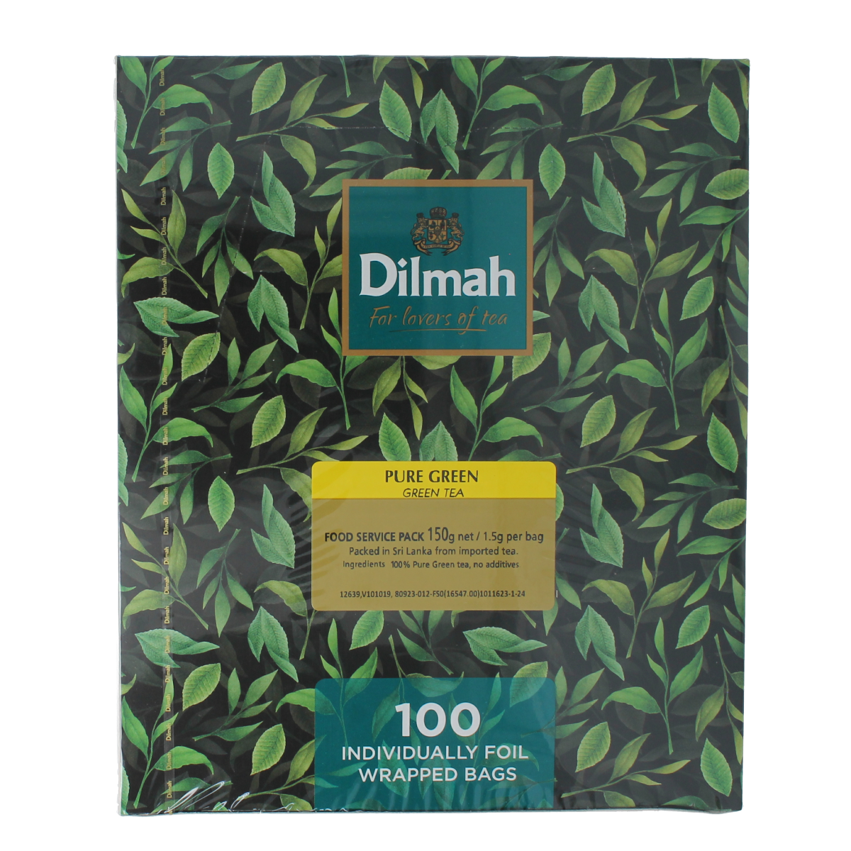 Dilmah Pure Green Tea 100 tea bags in a box, featuring green tea leaves, for a fresh and natural tea experience.