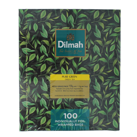 Dilmah Pure Green Tea 100 tea bags in a box, featuring green tea leaves, for a fresh and natural tea experience.