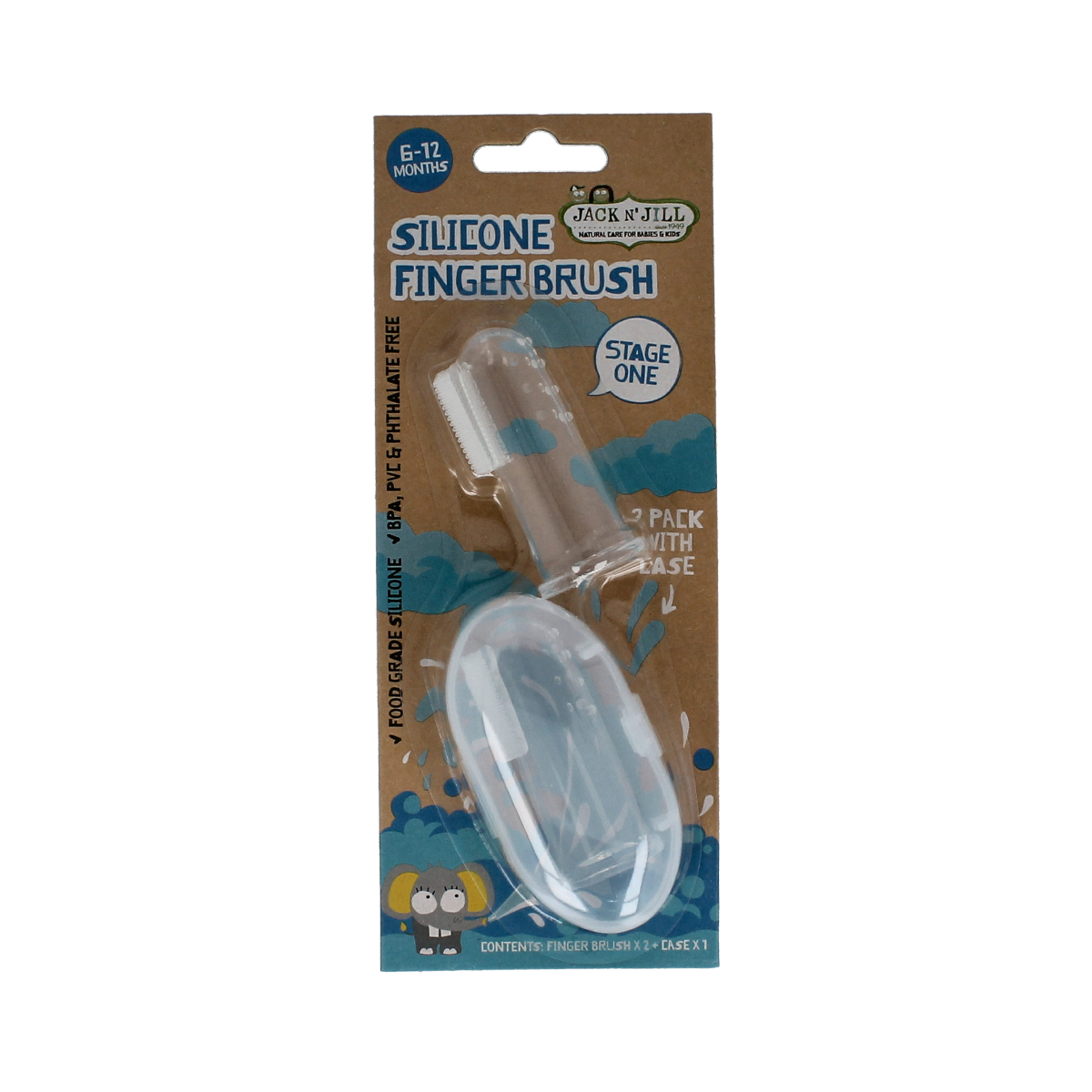 Jack N Jill silicone finger toothbrushes for babies, two-pack, soft and gentle for cleaning baby's gums and teeth.