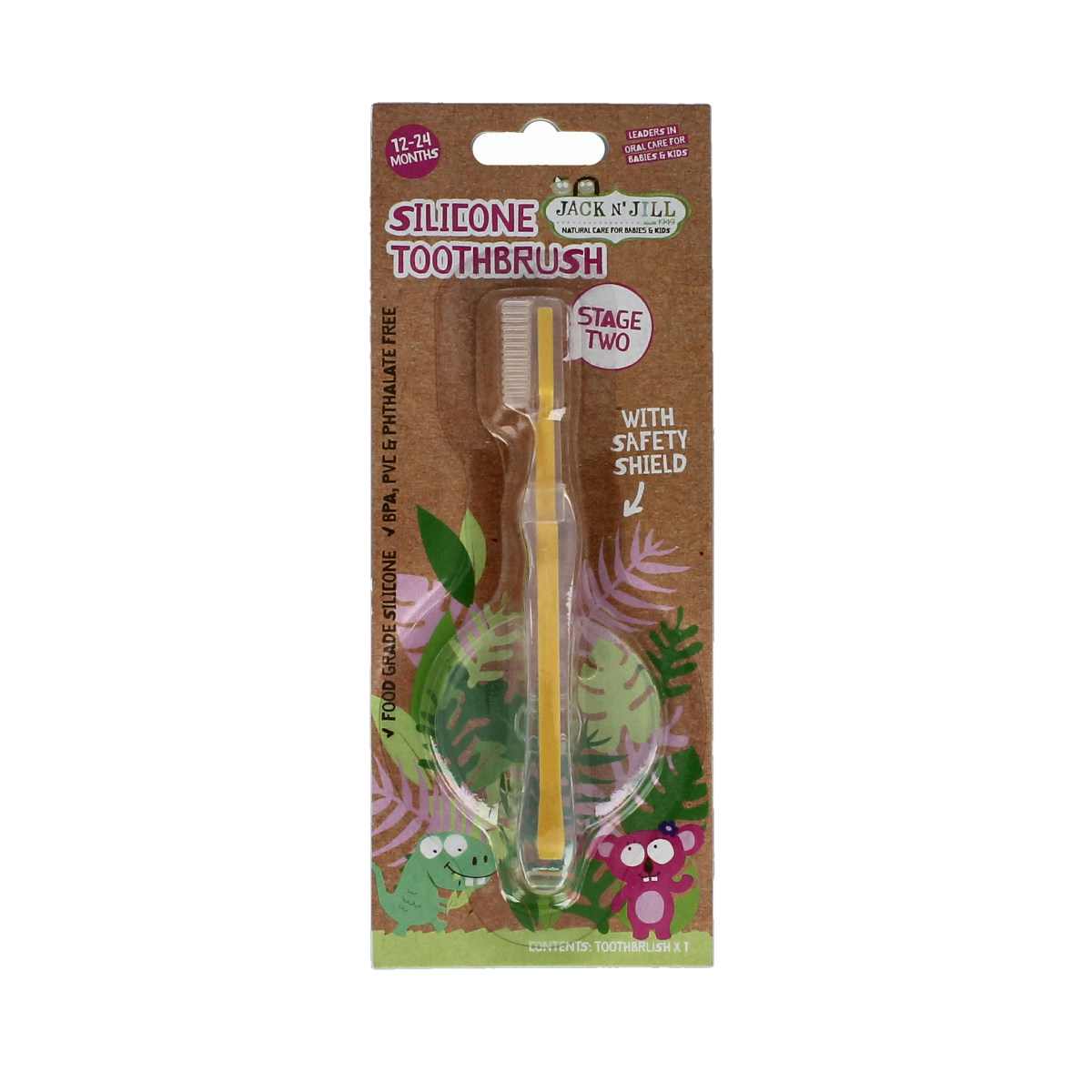 Jack N Jill silicone toothbrush for kids, showing a colorful, soft-bristled toothbrush designed for gentle cleaning.