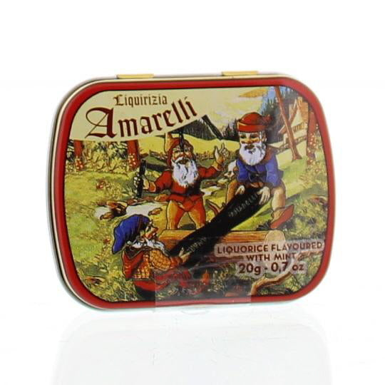 Amarelli Laurierdrop tin with 20g of cherry-flavored candy pieces in a vintage-style metal container.