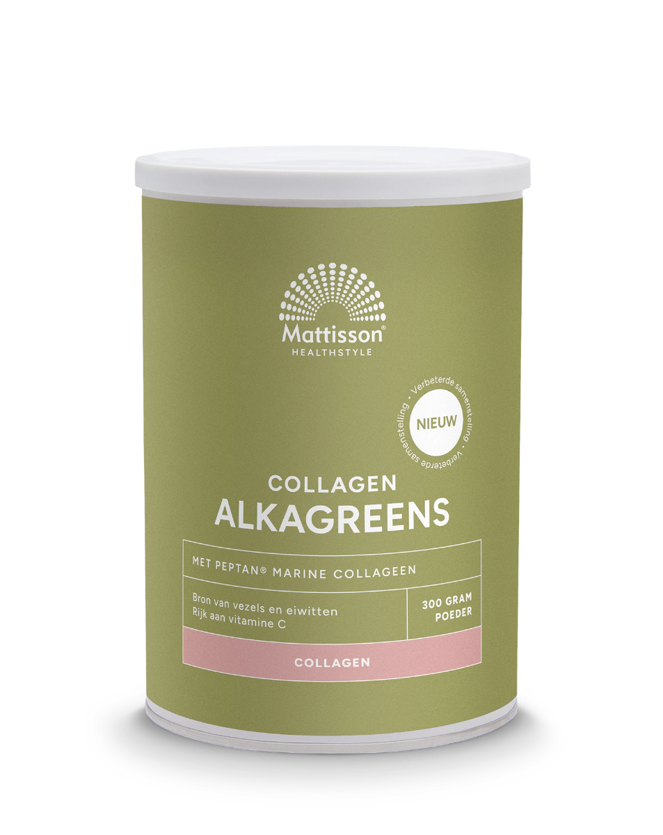 Mattisson Collagen AlkaGreens powder in 300g container, herbal supplement with collagen and greens, displayed in a clear jar with a label.