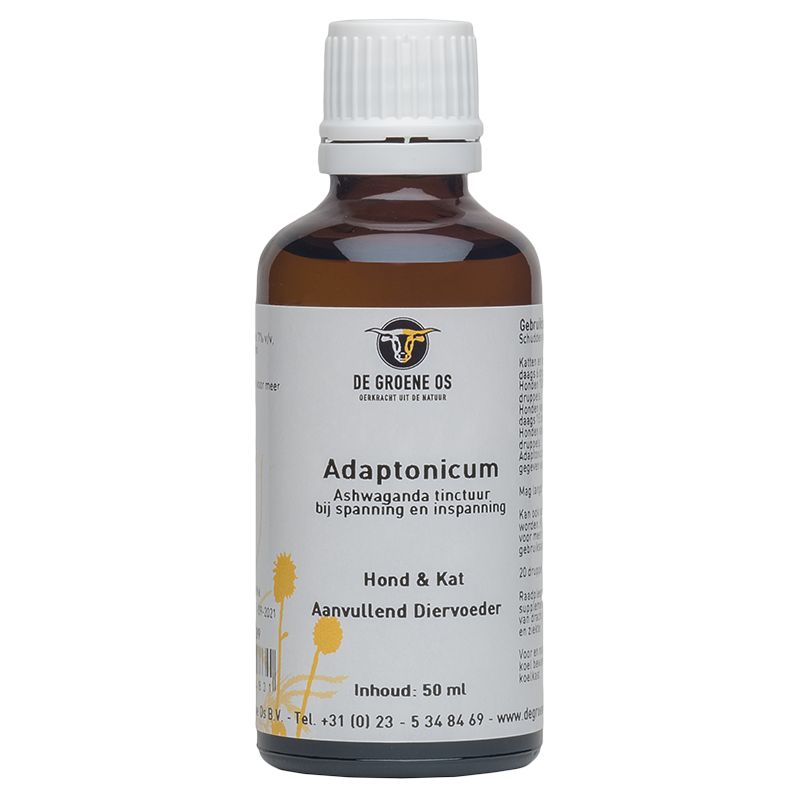 Groene Os Adaptonicum voedingssupplement voor hond en kat, 50 ml, in een blauwe fles met doseerspuit en label.