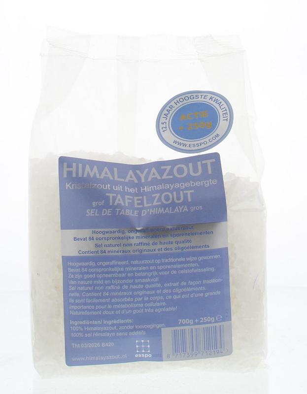 Esspo Himalayazout wit grof, 950g, in a clear plastic container, showing the coarse white Himalayan salt crystals.