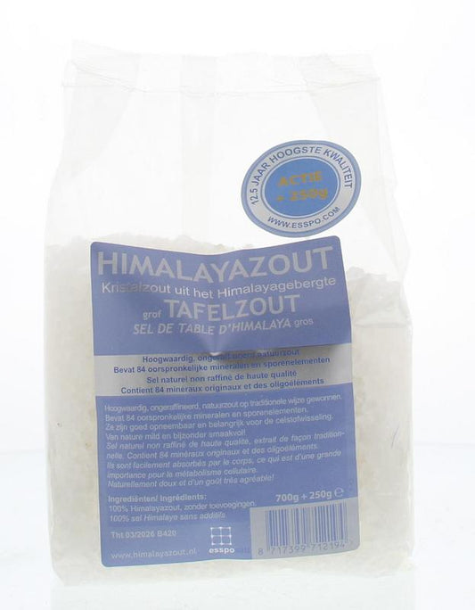 Esspo Himalayazout wit grof, 950g, in a clear plastic container, showing the coarse white Himalayan salt crystals.