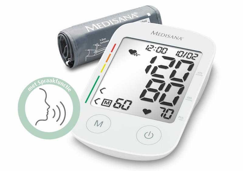 Medisana BU 535 Voice upper arm blood pressure monitor with cuff, digital display, and voice function for accurate readings.