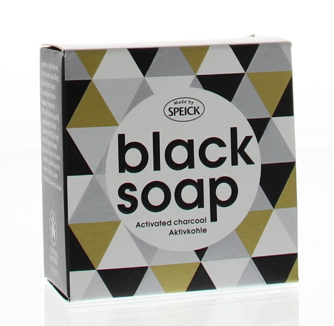 Speick black soap bar, 100g, natural Zeep with dark, textured surface and branded packaging, designed for cleansing skin.
