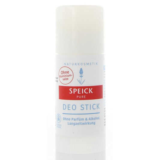Speick Pure deodorant stick in 40ml packaging, showing the sleek white stick with blue and green branding.