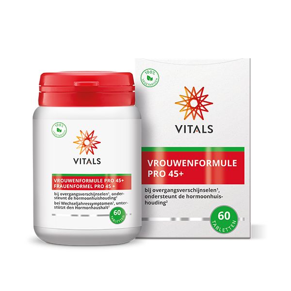 Vitals Vrouwenformule Pro 45+ herbal supplement in a clear bottle with 60 tablets, designed for women over 45.