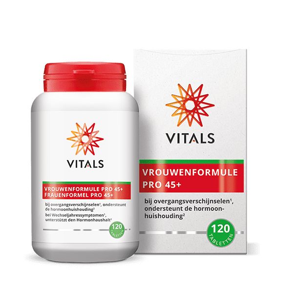 Vitals Vrouwenformule Pro 45+ herbal supplement bottles with 120 tablets, designed for women's health and wellness.