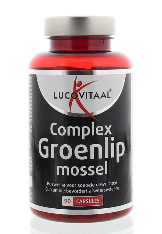 Lucovitaal Groenlipmossel complex capsules, mineral multivitamin supplement, showing a bottle of 90 capsules with label.