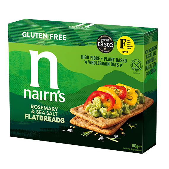Nairns rosemary and sea salt flatbread crackers, 150g, crispy gluten-free bread snack with herbs and sea salt flavor.
