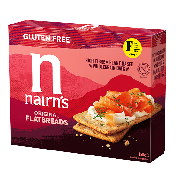 Nairns Original Flatbread crackers, 150g, crispy wholegrain bread slices with a rustic texture.