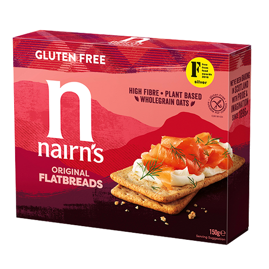 Nairns Original Flatbread crackers, 150g, crispy wholegrain bread slices with a rustic texture.